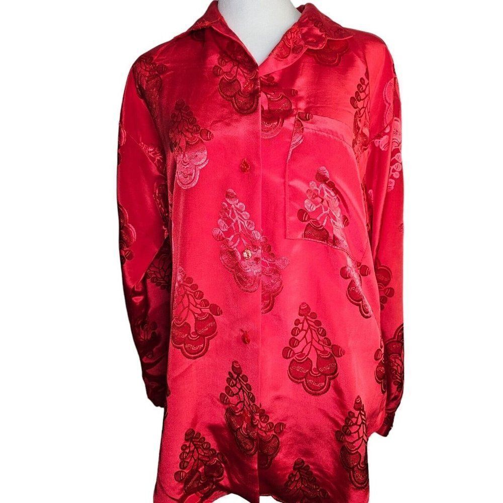 Vintage 90s Silk Shirt Blouse Top Womens XL Red Button Up